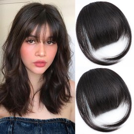 100% Human Hair Bangs Clip in Hair Extensions Black Clip in Bangs Wispy Bangs Fringe with Temples Hairpieces for Women Curved Bangs for Daily Wear （Black）