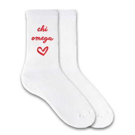 sockprints Sorority Crew Socks with Heart Design and Sorority Name - Chi Omega Merch - Chi Omega Gifts - Big Little Sorority Gifts - Sold by the Pair (Chi Omega)