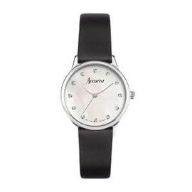 Accurist Dress Ladies 28mm Quartz Watch in White Mother of Pearl with Analogue Display, and Black Leather Strap 77002
