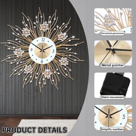 Large Wall Clocks, Silent Sunflower Shape Chic Decorative Wall Clock, Modern Non-Ticking Round Clock Dial Iron Metal Wall Clock for Living Room Decor Entrance Office Cafe 20 Inch