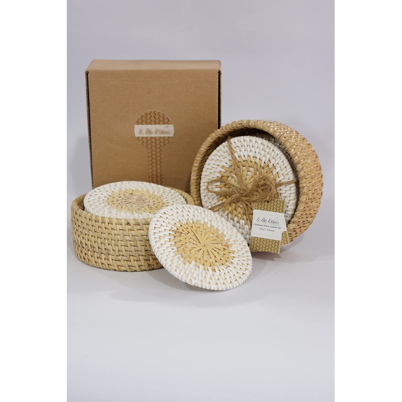 L.Bo Ethnic Handwoven Rattan Coasters Set, 6 Pieces with Holder,