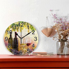Bottles Wine Glasses Grapes Sunset Wall Clock Non Ticking Silent Kitchen Clock Large Battery Operated Clocks 10 inch for Living Room Bedroom Decor