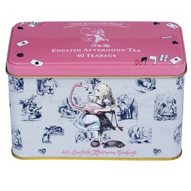 New English Teas Alice in Wonderland Tea Caddy in Pink with 40 English Afternoon Tea Bags, Mad Hatter Tea Party Decorations