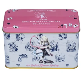 New English Teas Alice in Wonderland Tea Caddy in Pink with 40 English Afternoon Tea Bags, Mad Hatter Tea Party Decorations