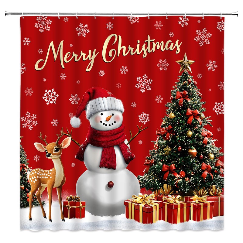 MSAYNFG Christmas Snowman Shower Curtain Red Xmas Trees Deer Winter