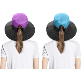 IYEBRAO 2Pcs Womens Ponytail Sun Hat UV Protection Summer Wide Brim Boonie Cap for Beach Fishing Hiking Garden Work UPF50+(Purple&Blue)