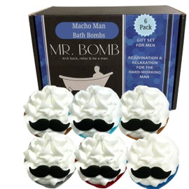 Mr. Bomb Mustache Dude Bath Bombs for Men, Infused for Guy Relaxation, Gift for Him, Manly Bath Soak, Masculine Scents for Men, Relaxing Bliss for The Gents - USA Crafted 6 Pk (Macho Man Mustache)