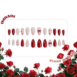 IMRAIN Valentine's Day Press on Nails Almond Medium Fake Nails with Bow Charm Designs Cute Red False Nails Full Cover Glossy Nude Glue on Nails for Women Girls