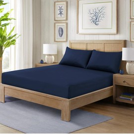 CHARKHAH Polycotton Fitted Sheet for Single Double King Super King Bed 200 Thread Count Anti Wrinkle Plain Bedding 25 cm Extra Deep Fitted Sheets Cover with Elastic Edges (Navy-Blue, Single)