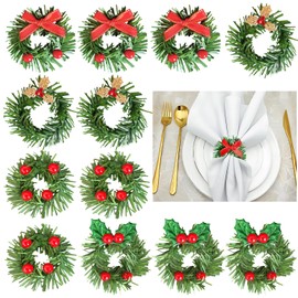 TS-MAYKA Christmas Napkin Rings Set of 12, Holly Pine Needle Berry Napkin Rings Bow Wreath Leaf Napkin Ring Holders for Christmas Holiday Banquet Party Table Decoration, 4 Style