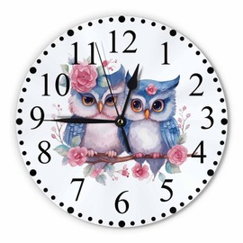 KEEPSUPER Cute Little Owl Wall Clock Love on Romantic Valentine's Day Cartoon Style Clock 10 Inch Silent Non-Ticking Clocks Battery Operated for Home Living Laundry Room Kitchen Bedroom Office