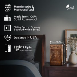 INTAJ Handcarved Wooden Cremation Urn for Human Ashes - Tree of Life Design, 115 lbs Capacity, Suitable for Adult Men and Women, Mom and Dad - Decorative Funeral Urn Box and Casket