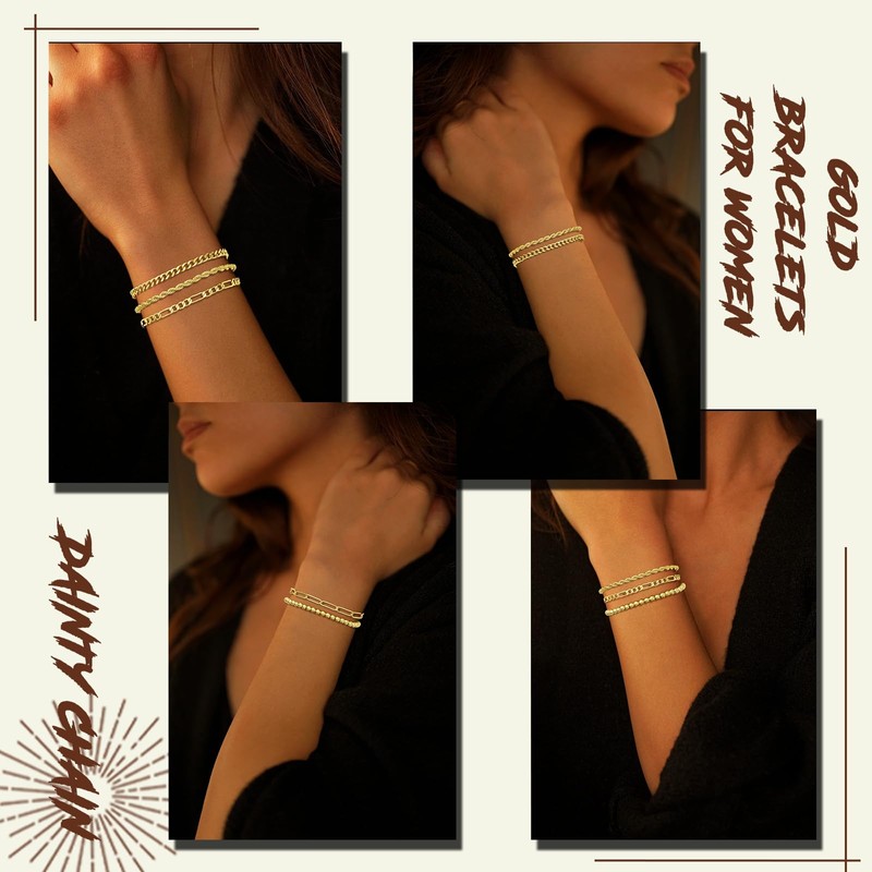 Gold Bracelets for Women, Dainty 14K Gold Plated Stackable Link,