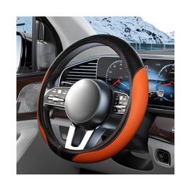 Norkmdi Car Steering Wheel Cover, 15" Anti-Slip Leather Carbon Fiber Texture Vehicle Steering Wheel Protector, Breathable Automotive Interior Accessories, Universal Fit (Black/Orange)