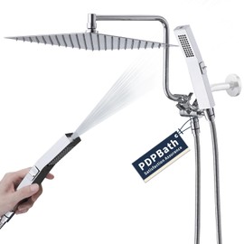 PDPBath All Metal Rainfall Shower Head with Handheld, 12'' High Pressure Rain Shower Head with Adjustable Extension Arm Z-shaped, 79" Extra Long Hose, 3-Way Diverter, Chrome
