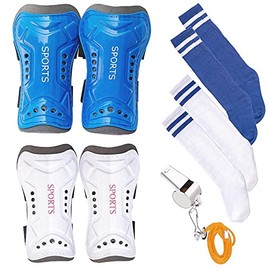 Wrzbest 2 Pair Kids Soccer Football Shin Guards Protector Calf Knee Protective Gear and 2 Pair Long Sleeve Socks with Referee Whistle for 3-13 Teenagers, Boys, Girls,Kids,Youth (Ages 3 to 6)