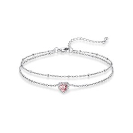 KeyStyle Women's Heart Rolo Ankle Bracelet for Fiancée, October Birthstone Pink Tourmaline Anklet Wedding Summer Jewelry for Her