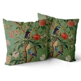 Green Chinoiserie Pillow Cover 18x18 Inch Vintage Bird Flower Throw Pillow Covers Farmhouse Floral Decorative Pillowcase Outdoor Cotton Square Cushion Cover for Couch Sofa Bedroom Decor (Pack of 2)