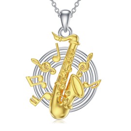 PROESS Gold Plated Saxophone Necklace for Women 925 Sterling Silver Musical Note Instrument Necklace Saxophone Pendant Jewelry for Music Lovers