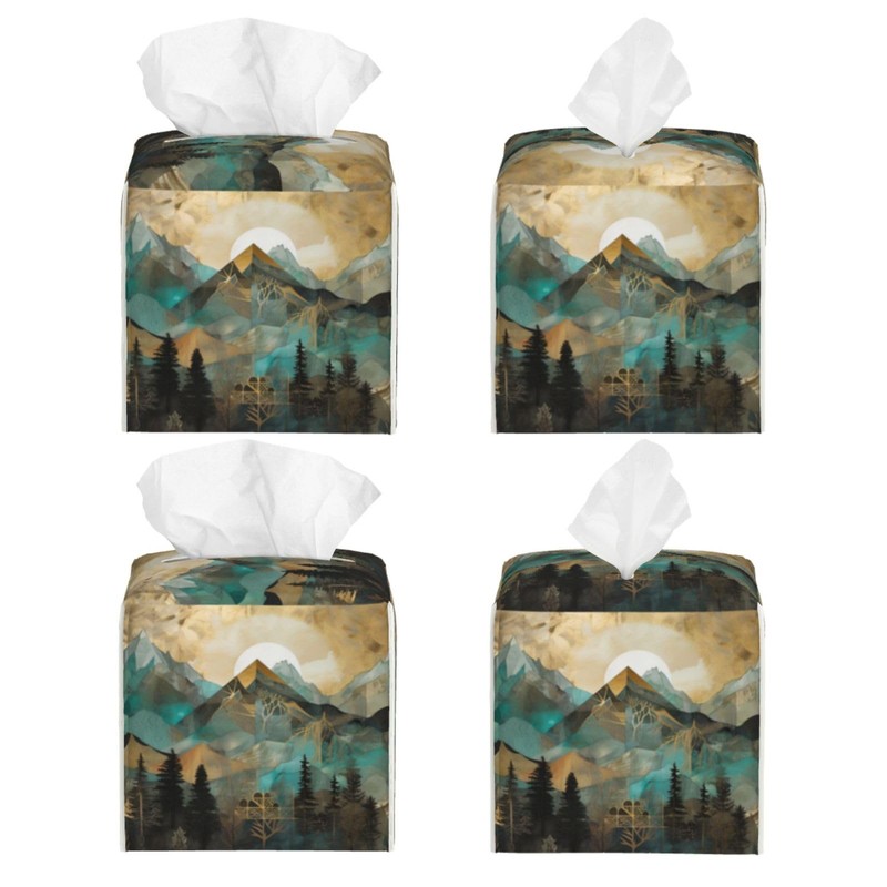 Square Tissue Boxes(5.2"x5.2"x5.2"), Mountains Trees Landscape Sunrise Tissue Holder Decor