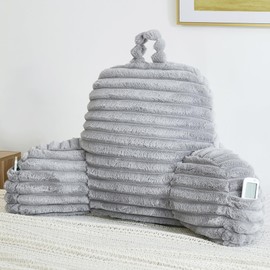 Memfydu Faux Fur Fluffy Gray Reading Pillow with Pockets, Luxury Striped Plush Decorative, Arm Rests and Back Support for Bed Rest, Lounging on Sofa, Extra Large Size for Adult.