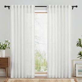 FMFUNCTEX Linen White Semi Sheer Curtains 84 Inches Long for Bedroom Farmhouse Rod Pocket Back Tab Pinch Pleated Window Drapes for Living Room Light Filtering Curtains 2 Panels