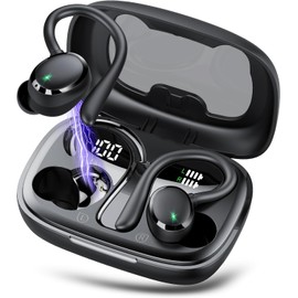 Wireless Earbuds, Bluetooth 5.3 Headphones with Earhook, 72Hrs Playtime, 4 ENC Noise Cancelling Mic, Deep Bass, LED Display, IP7 Waterproof,Over Ear Buds for Workout, Travel, Sport, Dark Black