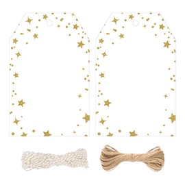 jijAcraft Gift Tags with Gold Glitter Stars Dots: 8.5x5.5CM White Gift Tags 100PCS Blank Paper Tag with String Present Labels for Gift Wrapping, Birthday, Wedding, Party, Baby Shower, Christmas