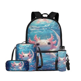 ELEDIZI Cute Axolotl Backpack for Girls Kids Backpack with Lunch Box Water Bottle Carrier with Strap and Big Pencil Case 4PCS Set Bookbag with Front Pocket for School 17" Sturdy Elementary School Bag
