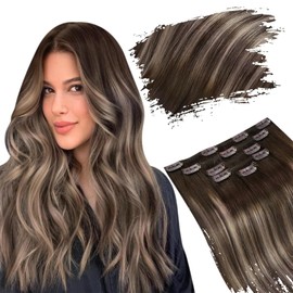 Ugeat Clip in Hair Extensions 24 Inch Balayage Dark Brown to Ash Brown Clip in Real Human Hair Extensions Long Hair Extensions Clip in 7pcs 120g(105g Hair+15g Clips)