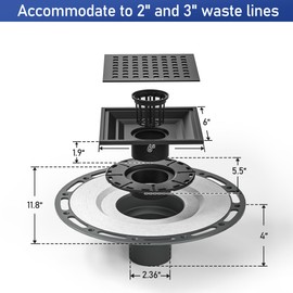 Bernkot Square Shower Drain, 6" Matte Black with PVC Bonding Flange Base 304 Stainless Steel Drain Grate Removable with Stainless Drain Key for Low Profile Shower Tiles, CUPC Certified