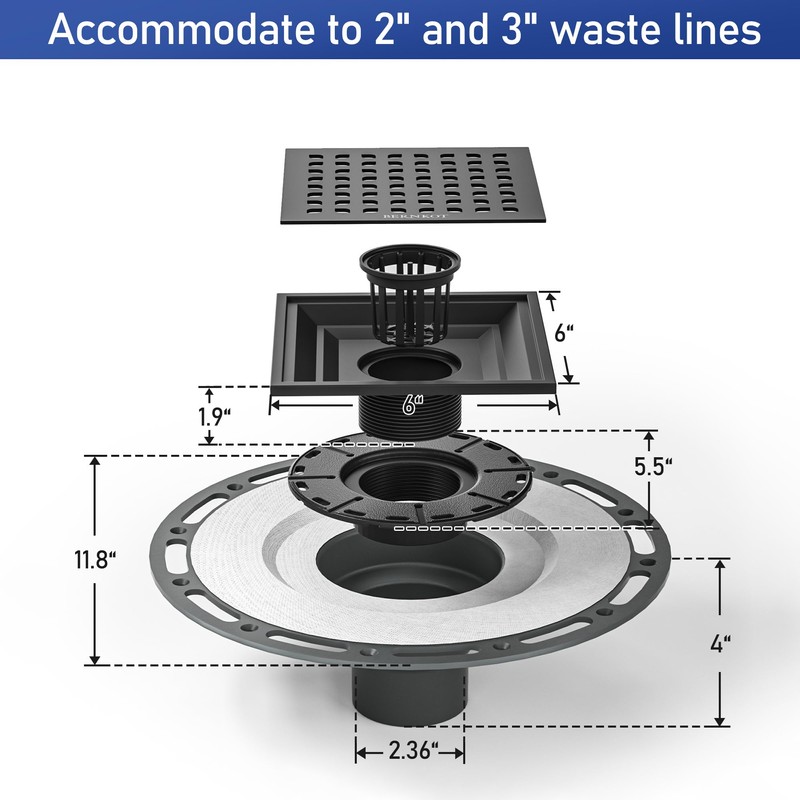 Bernkot Square Shower Drain, 6" Matte Black with PVC Bonding