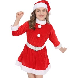 Carnavalife Santa Claus Costume for Girls, Red Dress with Belt and Santa Hat for Santa Cosplay 3 Pieces (Female, 5-6 Years)