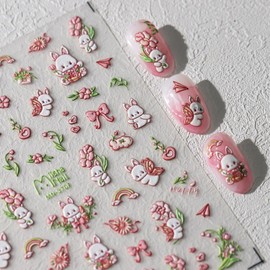 5D Embossed Bunny Nail Art Stickers Spring Summer Nail Decals Self Adhesive Cute Pink Flower Bow Nail Stickers Kawaii Bunny Nail Design Decals for Women Spring Summer Art Supplies