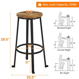 Yaheetech 29.5 inch Bar Height Stools Set of 4 Bar Stools Industrial Tall Bar Chair Round Backless Counter Stool with Metal Legs for Dining Room,Living Room,Kitchen Counter,Rustic Brown