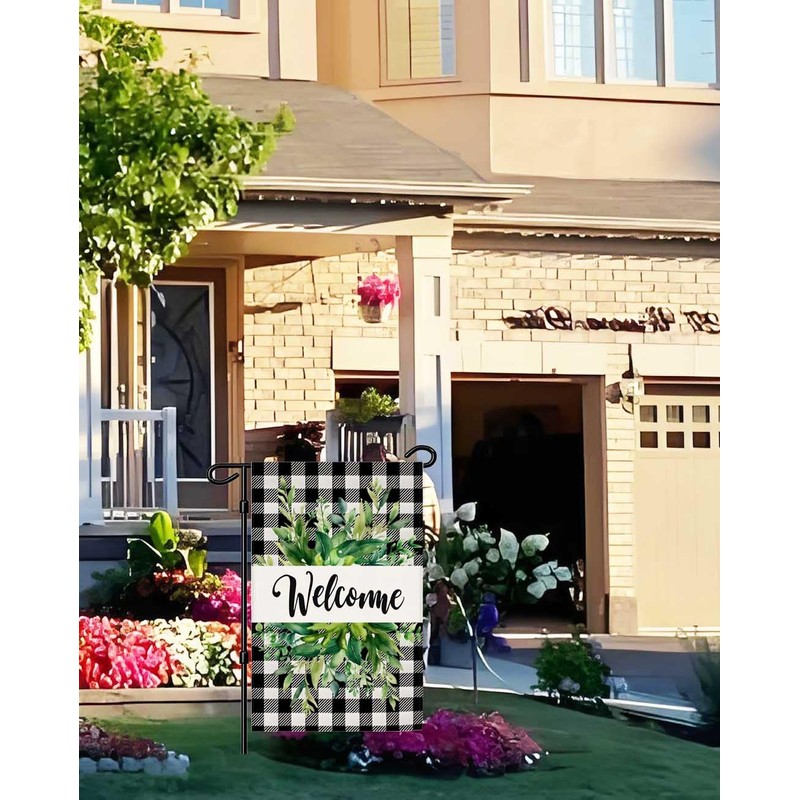 Black Plaid Welcome Linen Garden Flag,12x18 Inch Red Heart Eucalyptus