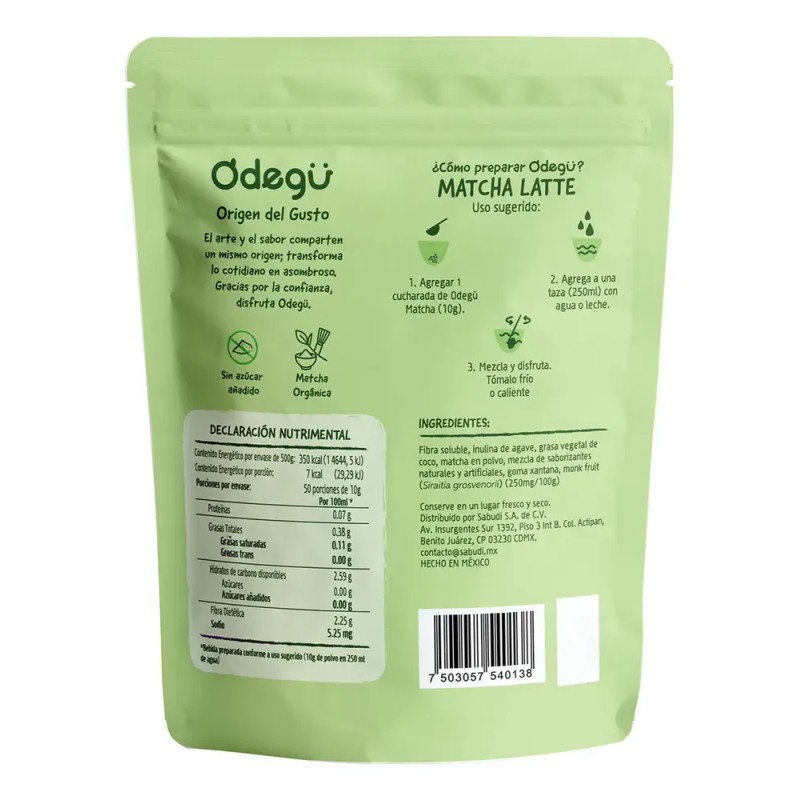 Odegü Matcha Latte 500g, Bebida En Polvo Sin Azucar