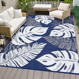 COZYLOOM Large Outdoor Rug 9 x 18 Waterproof Tropical Leaf Plastic Straw Rug, Modern Patio Rug with 4 Stakes, UV-Resistant Reversible Mat, Outside Carpet for Backyard, RV, Deck, Picnic, Blue White