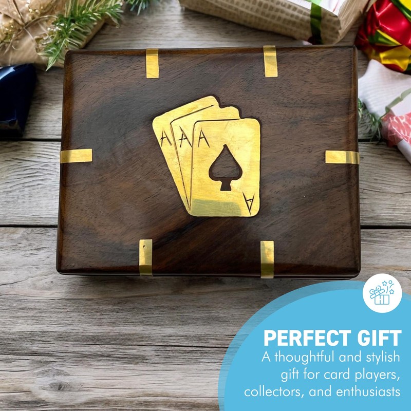 Thorness Elegant Black Wooden Playing Card Box with Brass Accents