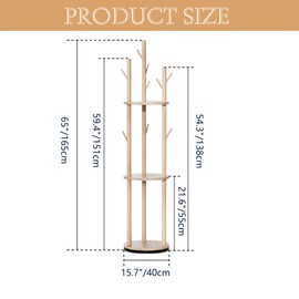 3 Tier Rotary Coat Rack Freestanding Coat Hall Tree Stand Wood Coat Tree With 3 Shelves and 9 Hooks Garment Clothes Holder for Bedroom Entryway Livingroom for Clothes Bags Hats (Natural Wood)