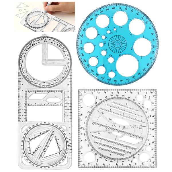 Sheryl&Rain 3 Pieces Multifunctional Geometric Ruler, Geometric Drawing Template Measuring