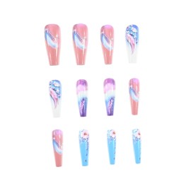 Flower Press on Nails Long Ballet Shped Nails Feather Clouds Pattern Design Coffin Nails Artificial Acrylic Stick on Nails Full Cover False Nails Blue Gradient Nails Glossy Glue on Nails for Women