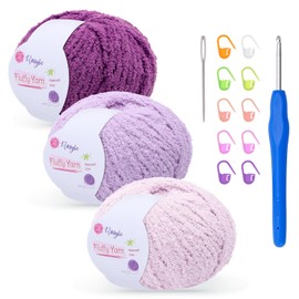 Fluffy Yarn for Crochet 50gx3 with 4mm Hook, Flutterby Chunky Yarn for Crochet, Soft Plush Chunky Thick Wool, Perfect for Baby Blankets & Amigurumi (3-Purple)