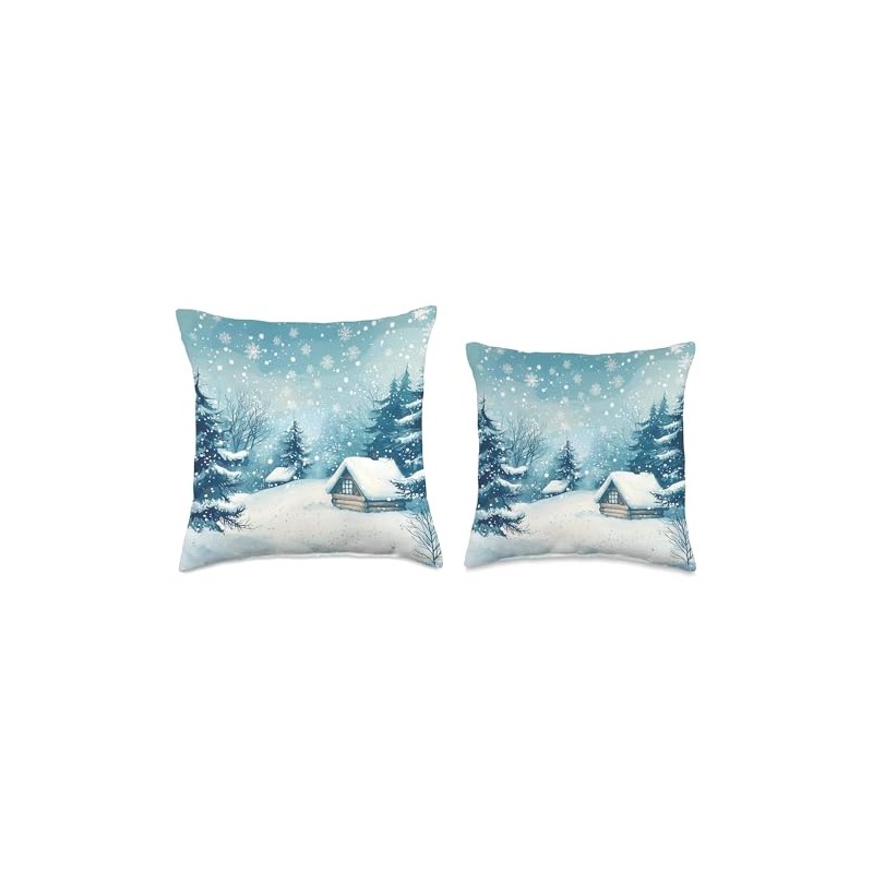 Winter Snowy Forest Scene with Cozy Cabin Throw Pillow