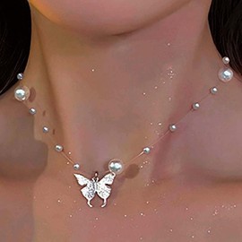 Aneneiceera Vintage Pearl Butterfly Choker Necklace Tiny Acrylic Butterfly Necklace Pearl Choker Necklace Thin Silver Transparent Collar Necklace Station Pearl Chain Jewelry for Women