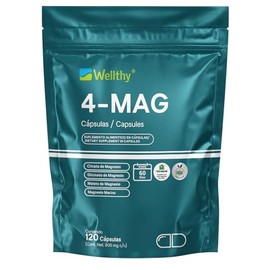 Wellthy 4-MAG Magnesio Complex 120 Cápsulas. Equivalente a 360mg de Magnesio. Citrato de Magnesio, Glicinato de Magnesio, Malato de Magnesio y Magnesi