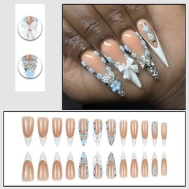 MouyouGlow Press on Nails Long, Stiletto Nude French 3D Crystal Bow Hibiscus Flower Fairy Butterfly Y2K Coquette Fake Nails with Nail Glue, Flower Artificial Fingernails