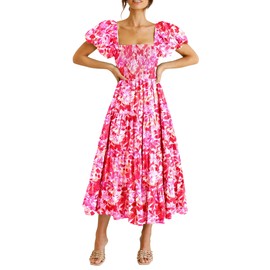 PRETTYGARDEN PRETTYGARDEN Women's Casual Summer Midi Dress Puffy Short Sleeve Square Neck Smocked Tiered Ruffle Dresses (Floral Rose Red,Large)