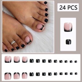 Black French Tip Press on Toenails Short Square Fake Toenails French Glossy Black Solid Color Reusable Acrylic Full Cover Stick on Toe Nails for Women Girls Summer DIY Manicure 24Pcs