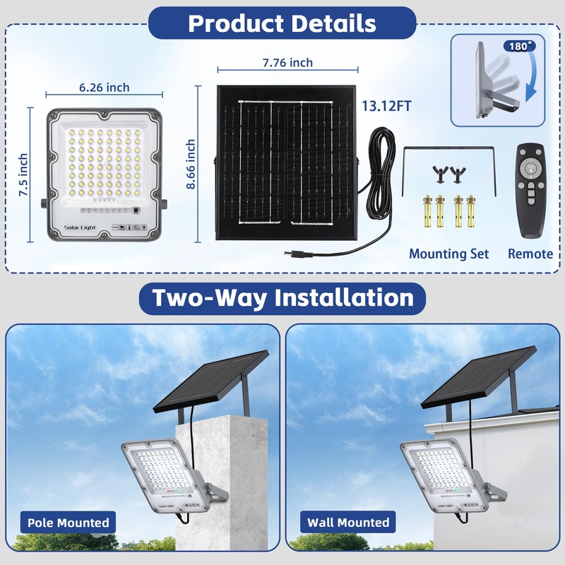 100W Solar Flood Light Outdoor Waterproof, 24000LM 6500K LED Solar
